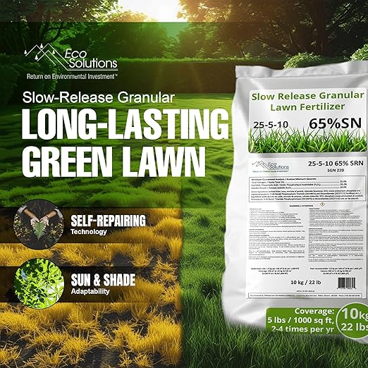 Slow Release Lawn Fertilizer 25-5-10 NPK - 65% Granular Nitrogen Formula for Deep Feeding up to 110 Days - 10kg (22lbs) Bag - Kid & Pet Safe Lawn Care for Lush Green Grass