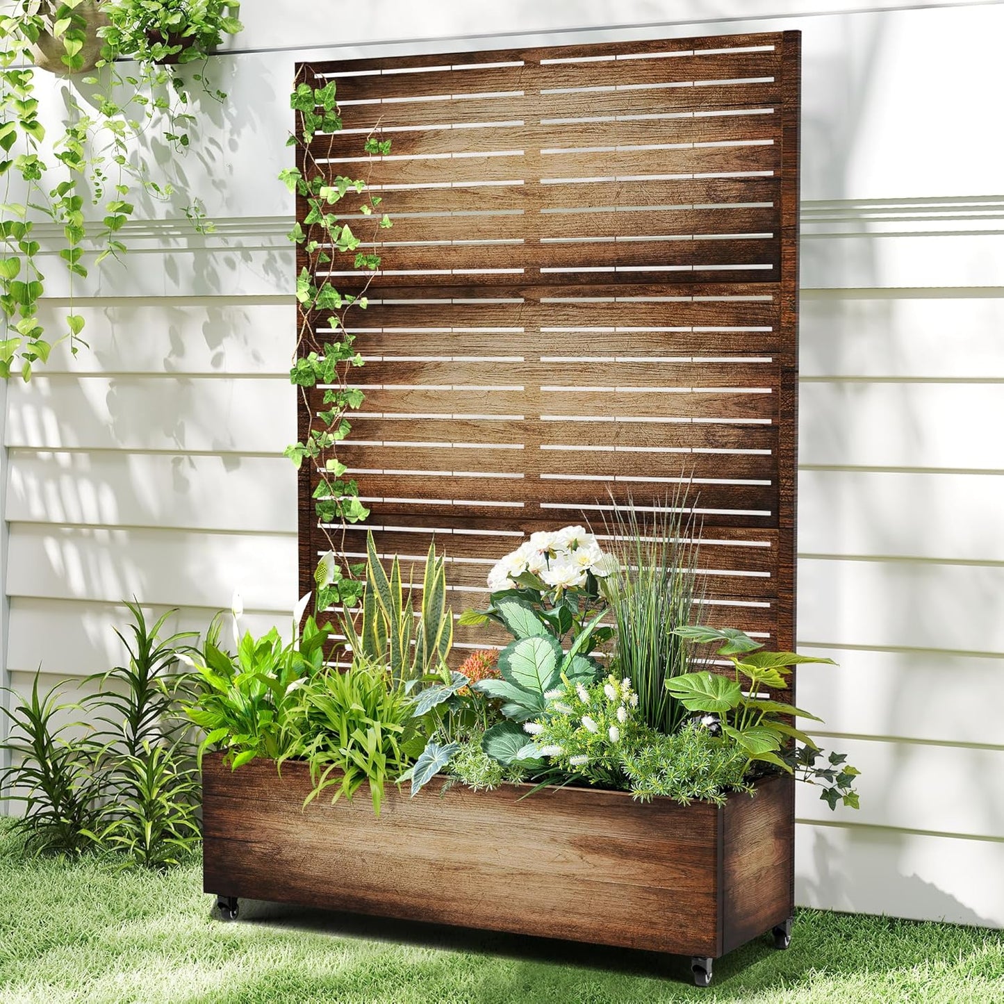 Raised Garden Bed with Trellis and Wheels,73"x47"x16" Metal Raised Garden Bed,Vintage Wood Finish Metal Planter with Climbing Trellis for Vines & Vegetables