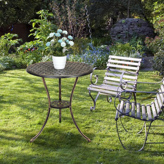 24" Outdoor Round Patio Bistro Table, Cast Aluminum Outdoor Cafe Table with 2 inch Umbrella Hole for Porch,Backyard,Garden, (Classic Square Pattern, Brown)