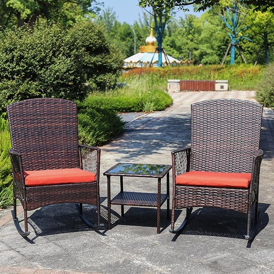 DECMICO Outdoor Rattan Wicker Rocking Chair 3 Pieces Patio Conversation Furniture Bistro Sets with Side Table and Cushions for Porch Garden and Balcony
