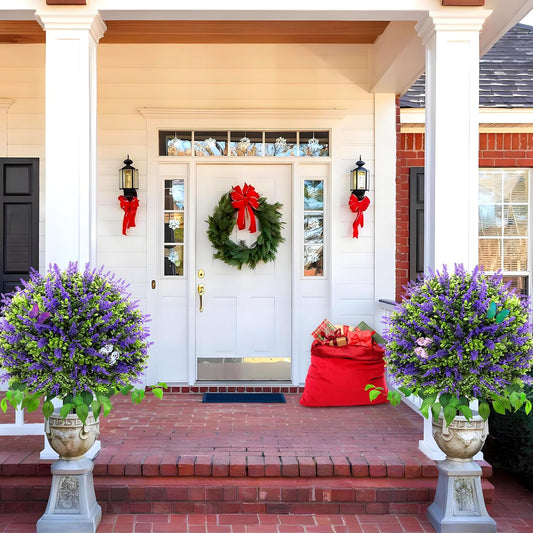 28" Artificial Boxwood Topiary Ball with Lavender, UV Resistant Topiary Tree Faux Boxwood Ball Shaped Porch Bushes with Ground Spike Artificial Bushes for Outdoors Front Door Decor Home Garden