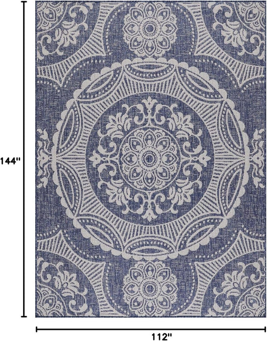 Medallion Outdoor Rug 9x12 Washable Outside Carpet for Indoor Patio Porch Waterproof Easy Cleaning Non Shedding Area Rugs Blue 9 x 12