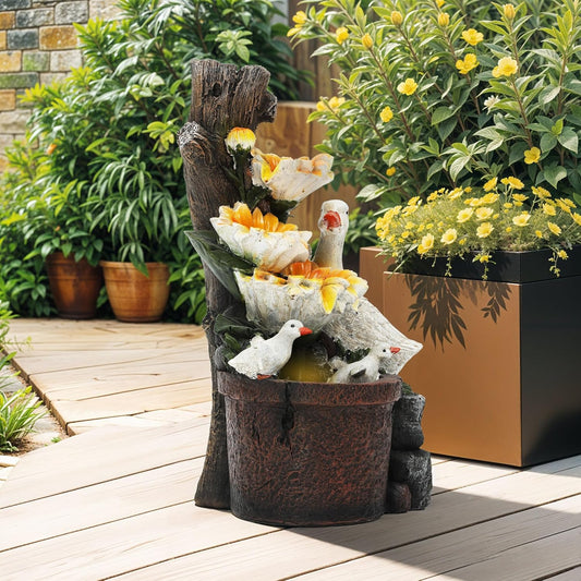 19.1" H Farmhouse Duck Garden Water Fountain with Sunflower, Indoor/Outdoor Freestanding, Soothing Cascading Waterfall with LED Lights, Decorative Water Feature for Patio, Yard, and Garden