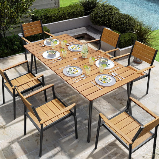 Outdoor Dining Table for 6, 70inch Patio Dining Table with Wooden-Like Top and Aluminum Frame, Rectangular Table with Umbrella Hole Outdoor Furniture, Brown