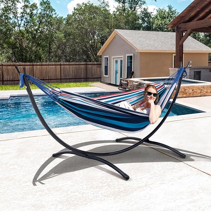SUNCREAT Hammocks for Outside with Stand, Porch Hammock and Stand, 475 lbs Capacity, Blue & Red Stripes