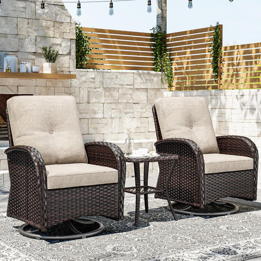Joyside Outdoor Swivel Rocker Chairs, 3 Piece Wicker Patio Set with Thick Cushion and Side Table, Rattan Patio Swivel Rocking Chairs for Porch, Deck Use (Brown/Beige, 3 PCS)