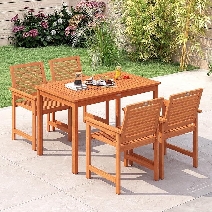 Tangkula Outdoor Dining Table for 4-6 People, 48 Inches Wood Rectangular Patio Table with Slatted Tabletop, Outside Bistro Furniture for Lawn, Garden and Backyard
