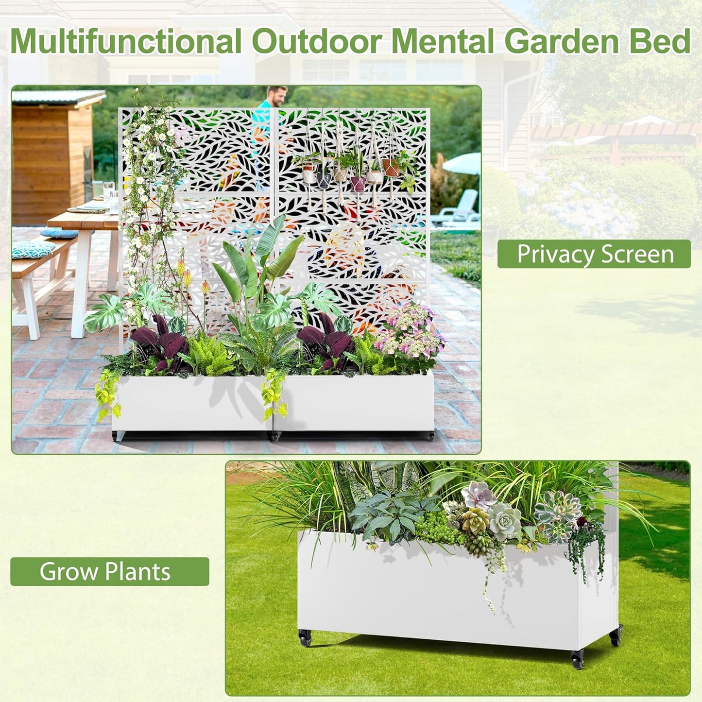 Raised Garden Bed with Trellis and Wheels,73"x35"x16" Metal Raised Garden Bed,White Flowing Leaf Metal Planter with Climbing Trellis for Vines & Vegetables