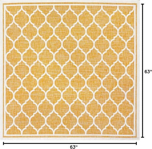 Eyely BMS109F-5SQ Santa Monica Trebol Moroccan Trellis Textured Weave Indoor/Outdoor Area Rug Coastal;Bohemian, Bedroom, Backyard, Patio, Easy-Cleaning, Non-Shedding, 5' Square, Yellow/Cream