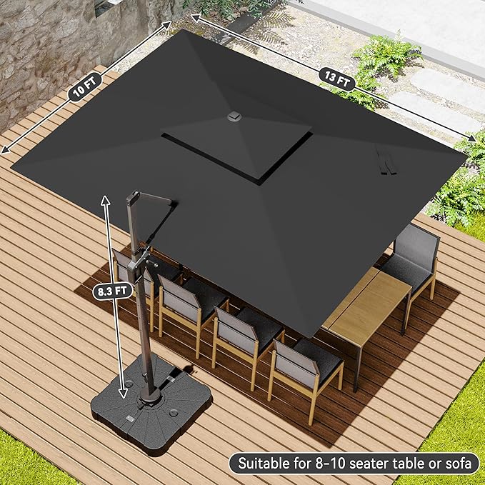 10x13 FT Cantilever Patio Umbrella with Base Included Double Top Outdoor Rectangular Large Heavy Duty Aluminum Offset Umbrellas with 7 Level Tilt 360-degree Rotation for Pool Garden Deck, Grey
