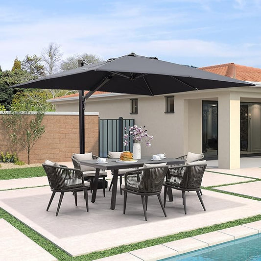 PURPLE LEAF 9' X 12' Rectangle Patio Umbrella with Base Large Cantilever Outdoor Umbrella Offset Umbrella with 360-degree Rotation Garden for Deck Backyard Pool Grey