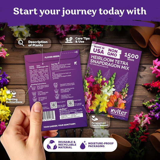 KVITER 1,500 Tetra Mix Snapdragon seeds (Antirrhinum Majus) – Heirloom & Organic Tall Snap Dragon Mix, Annual Flower Garden seeds, Cut Flower Seeds for Planting – Ideal for Outdoor Garden & Containers