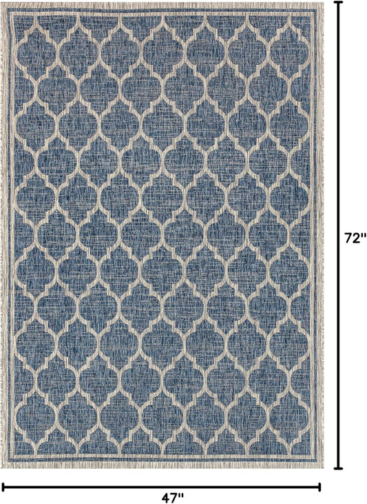 Eyely BMS109D-4 Santa Monica Trebol Moroccan Trellis Textured Weave Indoor/Outdoor Area Rug Coastal;Bohemian, Bedroom, Backyard, Patio, Easy-Cleaning, Non-Shedding, 4 X 6, Navy/Gray