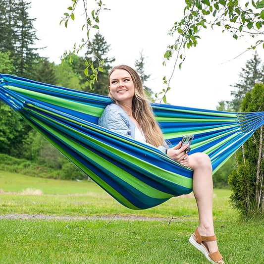 SUNCREAT Portable Tree Hammock, Double Hammocks 2 Person with Outer Bag, Blue Stripe