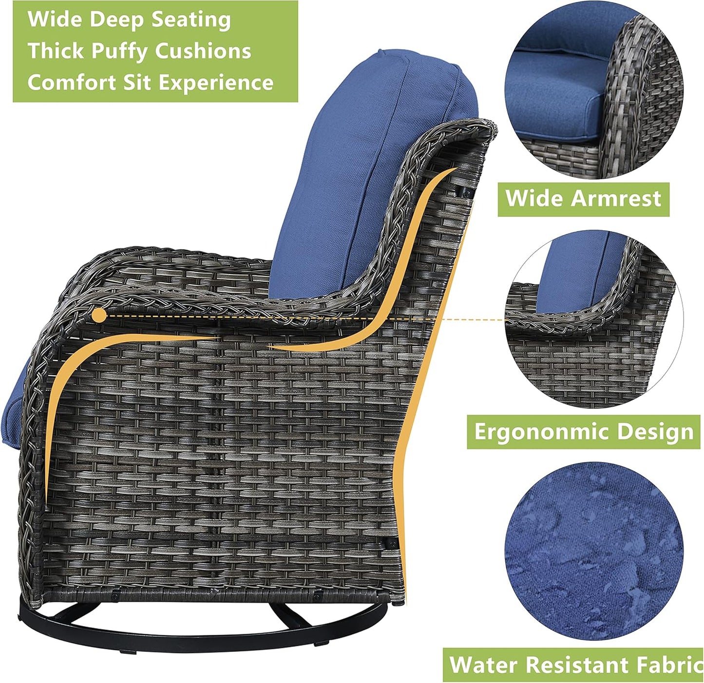 Outdoor Wicker Patio Furniture Set - 5 Piece Rattan Patio Conversation Set with 2 Rocking Swivel Chairs,2 Ottomans and 1 Loveseat for Porch Deck Backyard Garden(Mixed Grey/Blue)