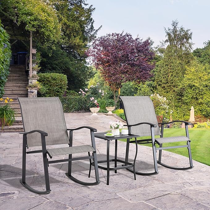 Shintenchi 3 Piece Rocking Bistro Set, Outdoor Furniture with Rocker Chairs and Glass Coffee Table Balcony, Porch Furniture for Small Space, Gray