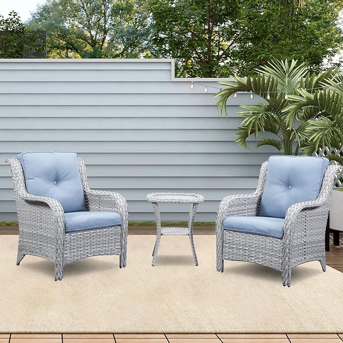 Rilyson Patio Bistro Set Wicker Chairs - 3 Piece Outdoor Rattan Conversation Set with 2 Armrest Chair and 1 Side Table for Proch Deck Garden Backyard Balcony(Light Grey/Sky Blue)