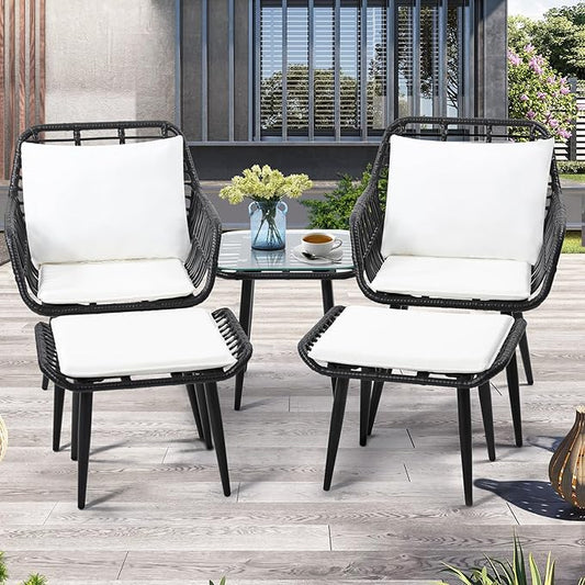 5 Piece Wicker Bistro Patio Conversation Furniture Set, Includes 2 Chairs, 2 Ottomans, and Side Table, Ideal for Porch, Balcony, Deck, Backyard, Black