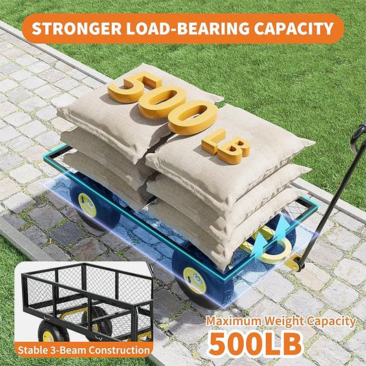 500 Lbs Garden Wagon, 2-in-1 Heavy-Duty Steel Garden Cart, with 10 Inch All-Terrain Tires and Removable Mesh Side Panels, 180° Rotating Handle, Metal Utility Yard Trailer, Outdoor Gardens Wagon Cart