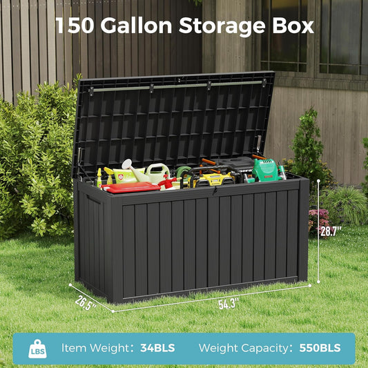 KAMABOKO Outdoor Storage Box, 150 Gallon Large Outdoor Resin Deck Box, Storage Waterproof Boxes Lockable Lid for Garden Tools, Pool Supplies, Patio Furniture and Cushions, Black