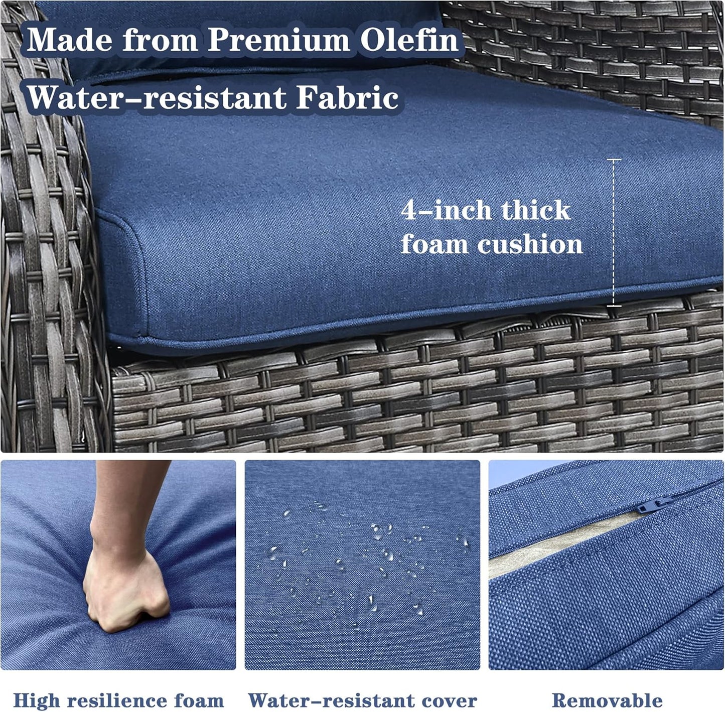 Wicker Outdoor Furniture Patio Furniture Set - 6 Piece Patio Conversation Set with Swivel Rocker Chairs, Loveseat Sofa, Ottomans and Coffee Table, Blue Cushion