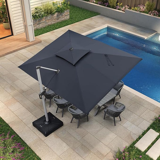 PURPLE LEAF 9 X 12 FT Cantilever Patio Umbrellas with Base Included, Large Square Offset Umbrella with 360° Rotation, Outdoor Aluminum Pool Umbrella for Pool Lawn Garden, Grey