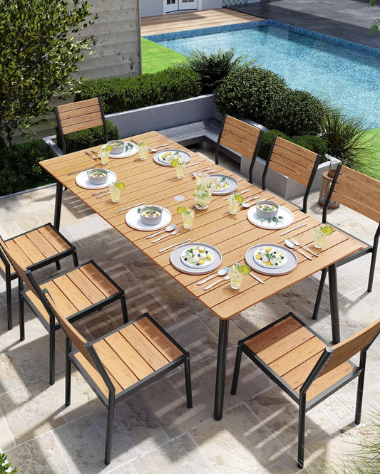 Outdoor Dining Table for 6-8, 82.7 inch Patio Dining Table with Wooden-Like Top and Aluminum Frame, Rectangular Table with Umbrella Hole Outdoor Furniture, Brown