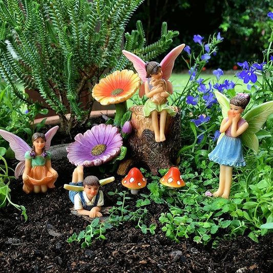 PRETMANNS Fairies for Fairy Garden - Colorful Accessories Kit for an Indoor or Outdoor Miniature Garden - 7 Piece Hand-Painted Resin Figurine Set with a Flower Stump & Mushrooms