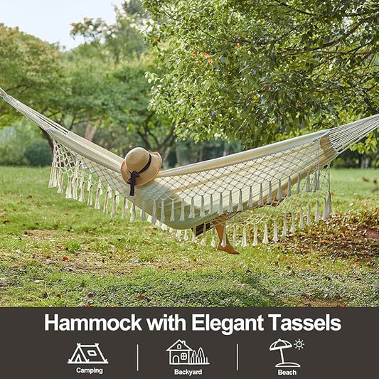 Brazilian Double Hammock with Tree Straps,Extra Large 94x63IN,2 Persons Hammock for Backyard Patio Outdoor Indoor,450lbs Weight Capacity,Soft Woven Cotton Fabric - Natrual White with Tassels
