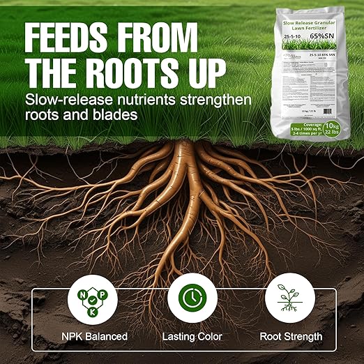 Slow Release Lawn Fertilizer 25-5-10 NPK - 65% Granular Nitrogen Formula for Deep Feeding up to 110 Days - 10kg (22lbs) Bag - Kid & Pet Safe Lawn Care for Lush Green Grass