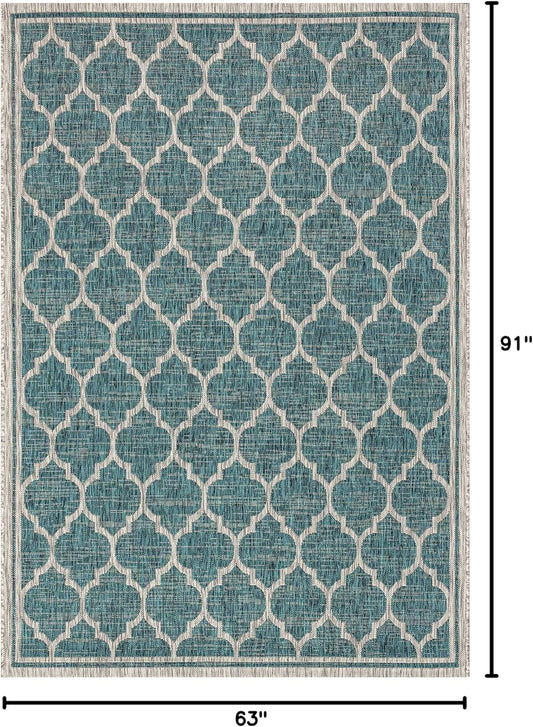 Eyely BMS109E-5 Santa Monica Trebol Moroccan Trellis Textured Weave Indoor/Outdoor Area Rug Coastal;Bohemian, Bedroom, Backyard, Patio, Easy-Cleaning, Non-Shedding, 5 X 8, Teal/Gray