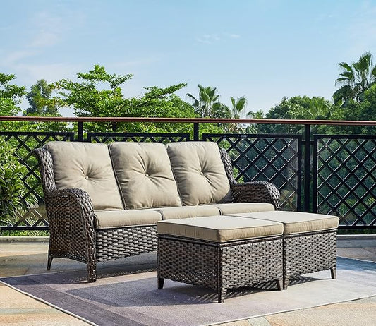Rilyson Outdoor Furniture Set, 5-Piece Patio Rattan Wicker Sectional Sofa Set with 3-Seat Couch, 2 Armchairs, 2 Ottoman Footrests for Patio Conversation (5 PC,Brown/Grey)