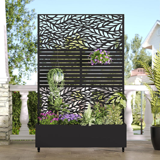 Casaphoria Metal Raised Garden Bed with Trellis and Wheels, 72"x47"x16" Planter Box for Climbing Plants, Vegetables & Vines, Features Drainage Holes and Privacy Screen, Black(Spring&Louvered)