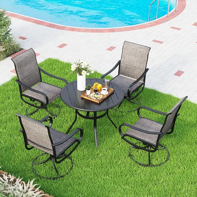 MFSTUDIO Patio Table and Chairs Set of 4, Round Outdoor Dining Set with Umbrella Hole, 5 Piece Patio Furniture Set for Deck/Backyard/Poolside/Garden