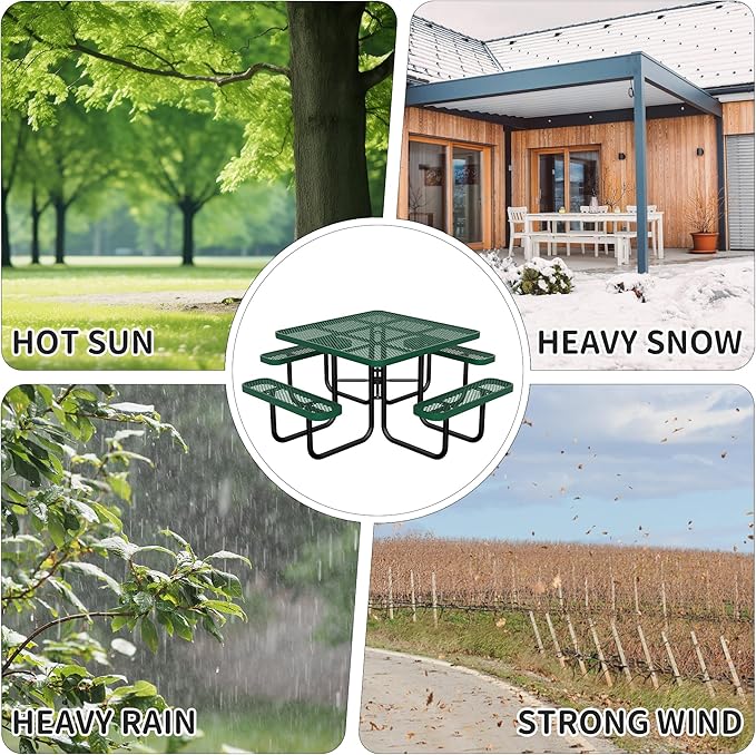 46" Square Picnic Table for Outside,Heavy Duty Metal Picnic Table Bench Set with 2in Umbrella Hole, 1600 lb Capacity,Commercial Dining Table Furniture for Garden Yard Patio Party Coffee Shop