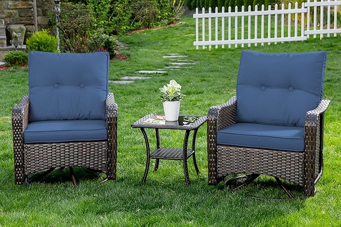Gotland Outdoor Swivel Chairs Set of 2, 3 Pieces Patio Furniture Set with Thick Cushion, Wicker Rocking Patio Chairs Set of 2, Patio Bistro Set with Double-Layer Coffee Table for Balcony Porch Navy