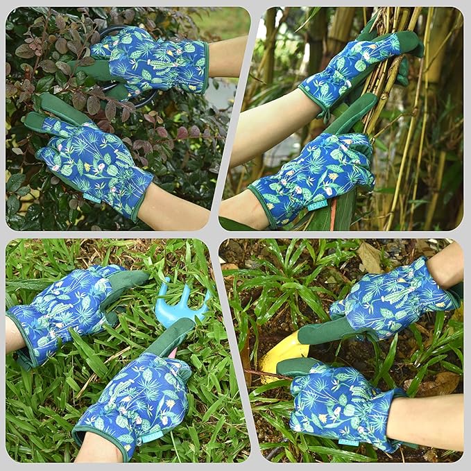 Gardening Gloves for Women and Men, Garden Gloves with Touch Screen, Thorn Proof Puncture Resistant Working Gloves, Gardening Gifts for Women,Blue-green flowers M