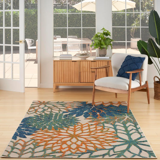 Nourison Home Aloha Indoor Outdoor Blue Green 6' x 9' Area Rug, Easy Cleaning, Non Shedding, Bed Room, Living Room, Dining Room, Backyard, Deck, Patio (6x9)