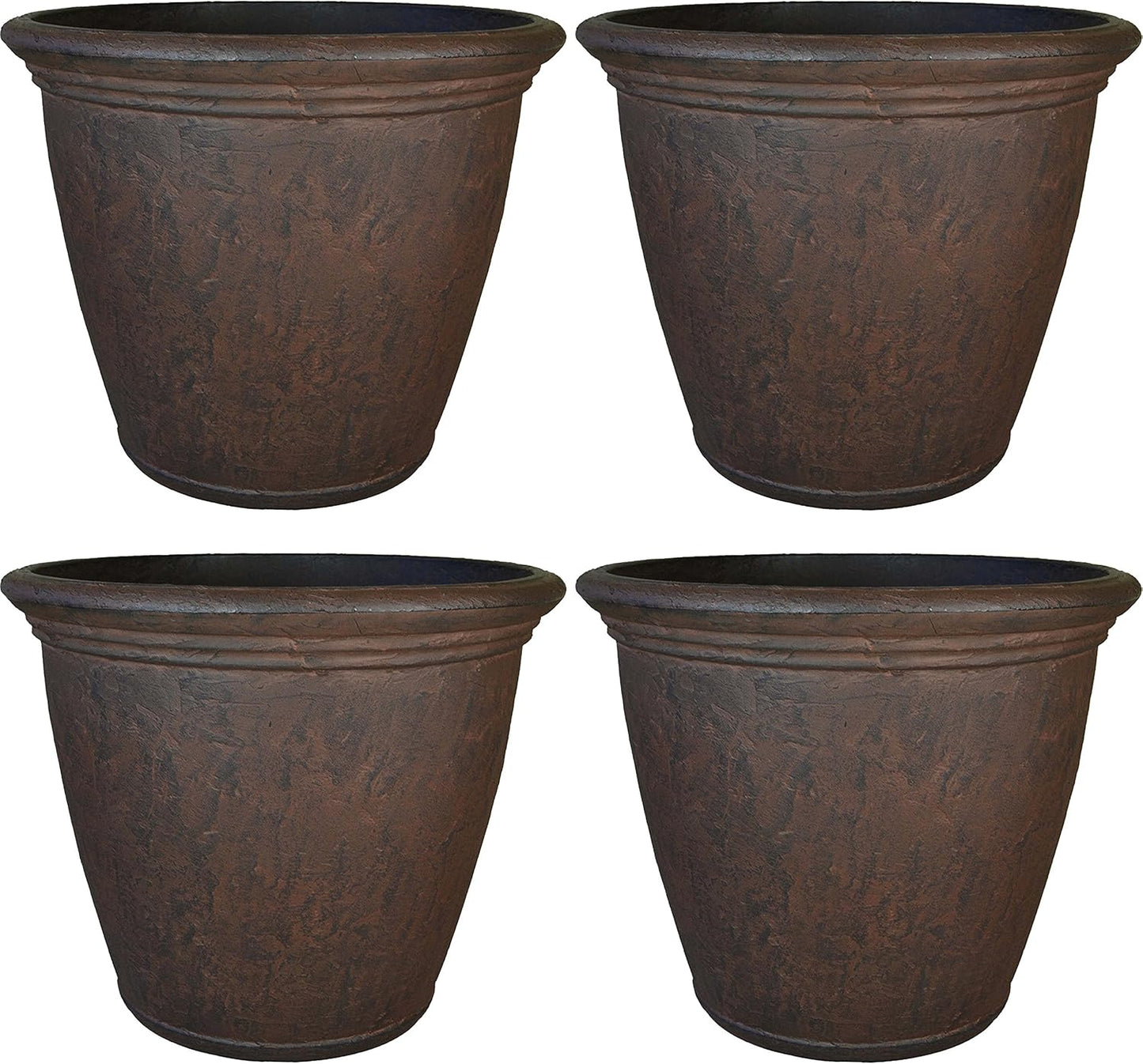 Sunnydaze 15.25-Inch Anjelica Large Plastic Pot for Plants - Outdoor Polyresin Round Planter with Drillable Drainage Holes - Rust - 4pk