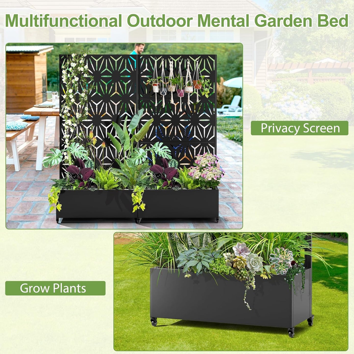 Raised Garden Bed with Trellis and Wheels,73"x35"x16" Metal Raised Garden Bed,Black Star Metal Planter with Climbing Trellis for Vines & Vegetables