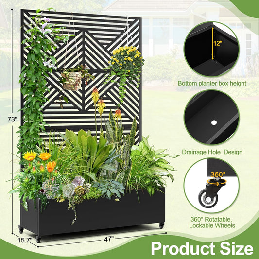 Raised Garden Bed with Trellis and Wheels,73"x47"x16" Metal Raised Garden Bed,Black Diamond Metal Planter with Climbing Trellis for Vines & Vegetables