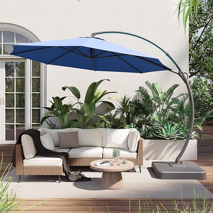 LAUSAINT HOME Outdoor Patio Umbrella with Base included, 12 FT Deluxe Curvy Cantilever Umbrella Offset Hanging umbrella with 360° Rotation for Market, Pool, Garden, Backyard, Deck (Navy Blue, 12 FT)