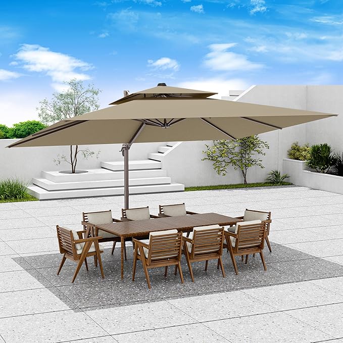 10x13 FT Patio Umbrella, Large Cantilever Rectangular Double Top Heavy Duty Offset Umbrellas with 360° Rotation, Outdoor shade for Garden Deck Pool Patio, Tan