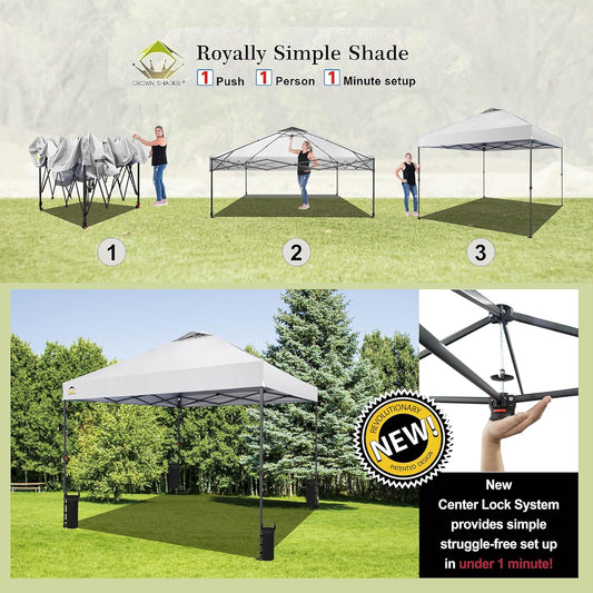 CROWN SHADES 10x10 Pop Up Canopy - Patented Center Lock One Push Instant Outdoor Canopy Beach Tent with STO-N-Go Bag 8 Stakes & 4 Sand Bags,White