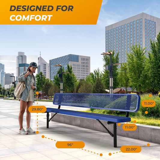 Heavy-Duty Outdoor Metal Bench, Thermoplastic-Coated, Inground, Weatherproof, Commercial-Grade for Parks, Gardens, Patios, Stores & More (8 Ft - Inground with Back, Blue)