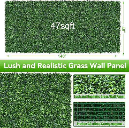Artificial Boxwood Roll,48x140in(47 sqft) UV-Anti Faux Ivy Grass Wall Backdrop for Balcony Privacy, Fake Grennery Wall Decor for Garden, Patio, Backyard