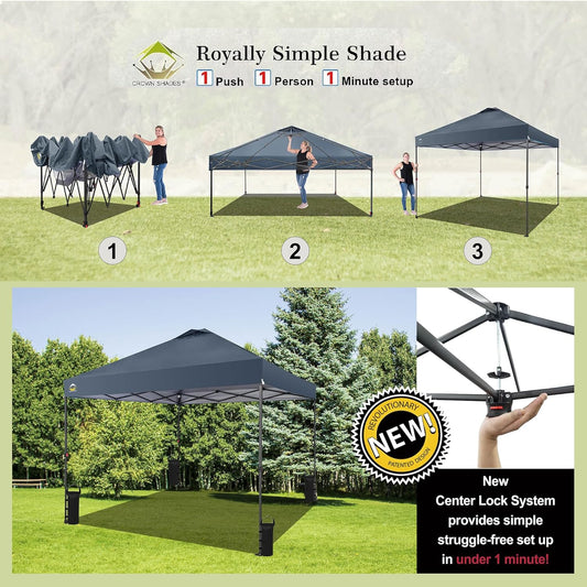 CROWN SHADES 10x10 Pop Up Canopy Tent - Patented Center Lock One Push Instant Outdoor Canopy Beach Tent with STO-N-Go Bag 8 Stakes & 4 Sand Bags,Grid Grey