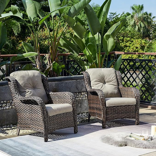 Rilyson Outdoor Wicker Patio Chairs Set of 2: Rattan Dining and Porch Chairs with High Back and Deep Seating (Brown/Grey)