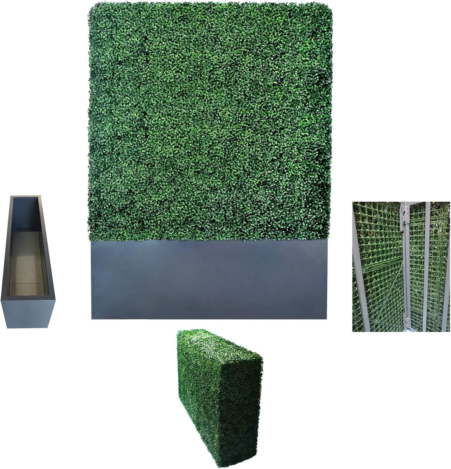 AGPL Artificial Boxwood Hedge Wall with Dark Gray Stainless Steel Planter Box(64" H 48" W 12" D) Privacy Wall Backdrops