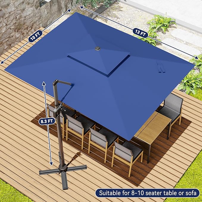 10x13 FT Cantilever Patio Umbrella Double Top Outdoor Rectangular Large Heavy Duty Aluminum Offset Umbrellas with 7 Level Tilt 360-degree Rotation for Pool Garden Deck, Navy